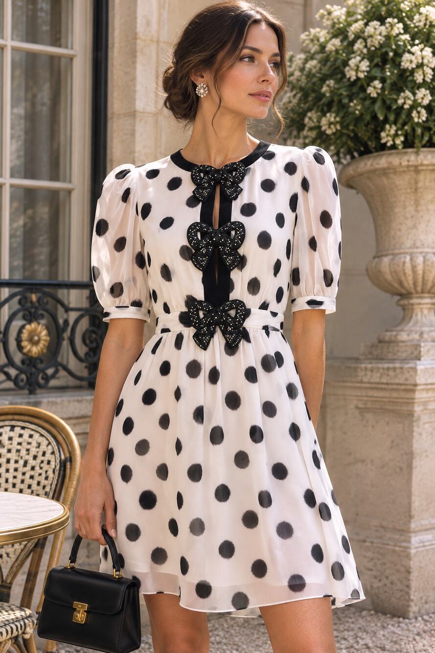 Saloni Jamie Silk Polka Dot Crystal Bow Mini Dress white black US 4 UK 8